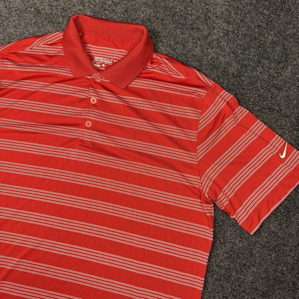 Nike Golf Polo Shirt Red Striped Embroidered Swoosh Logo Men’s Large Dri-Fit